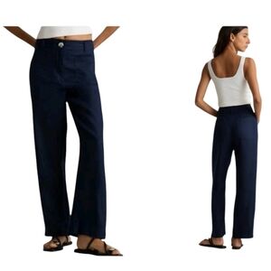 NWT Quince 100% European Linen Wide Leg Trouser Deep Navy Blue Patch Pocket 8